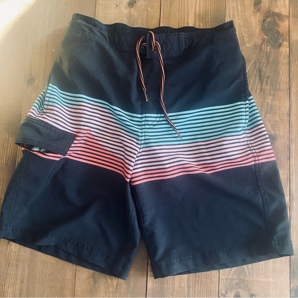 George striped gray swim trunks